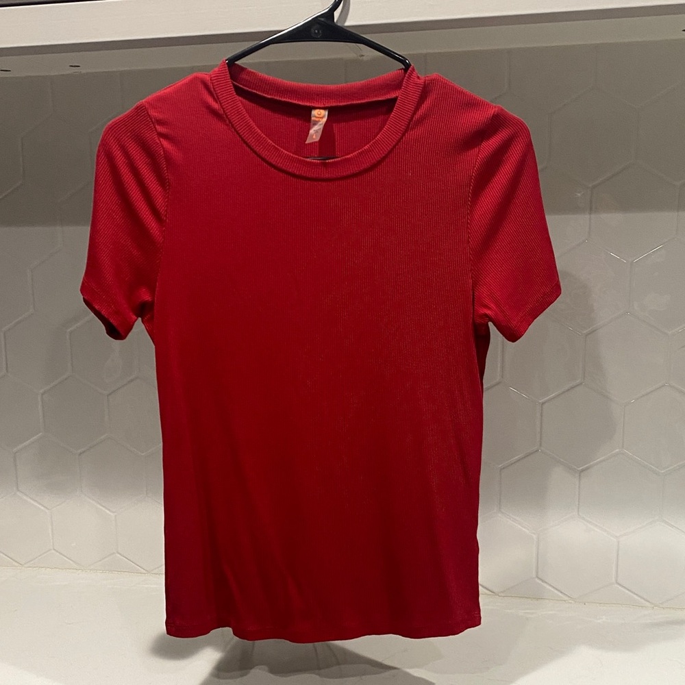 Mono B Red Ribbed Short Sleeve Top